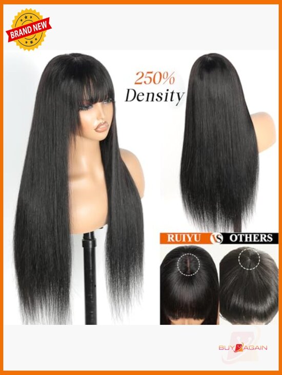 250 Density HD Lace Front Wig Human Hair Straight Wear Go Glueless Bangs